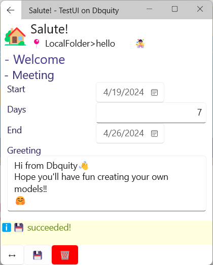 The UI of the HelloWorld site, where you can enter a greeting and choose when and for how many days to meet